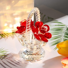 Crystal Rose Basket Collectible Figurines for Women, Ruby Glass Flower Gifts for Mum on Birthday Anniversary, Centerpiece Ornaments for Home Decor Christmas (Red)