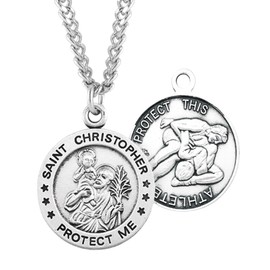 Patron Saint St Christopher Round Sterling Silver Wrestling Medal for Male Athletes, 1.0" x 0.8", 24" Endless Rhodium Plated Stainless Steel Chain Necklace, Made in USA, Deluxe Velvet Gift Box