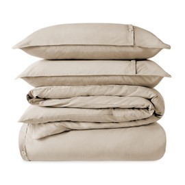 Bare Home 100% Organic Cotton Full/Queen Duvet Cover Set - Crisp Percale Weave - Lightweight & Breathable - Cooling Duvet Cover Set (Full/Queen, French Beige)