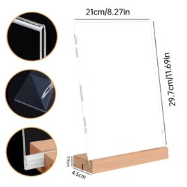 Tkxjry 2 Sets Wooden Restaurant Menu Stands, Acrylic Wooden Base Table Stand, Menu Card Holder, Plexiglass Advertising Stand, A4 Table Sign Holder for Office, School, Restaurant, Shop, Hotel
