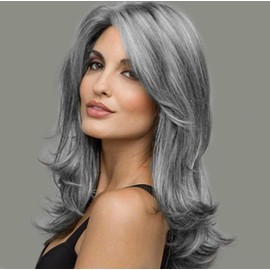 Beweig Womens Silver Grey Wig Long Grey Layered Wigs with Bangs Heat Resistant Synthetic Hair Wig for Daily Party Costumes
