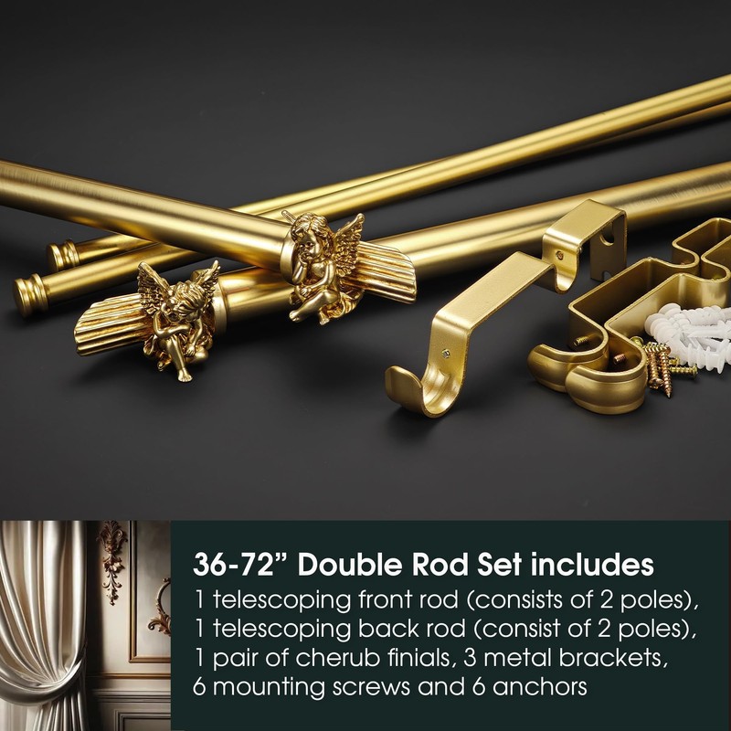 ILAISIHOME 1-1/8 Inch Diameter Brushed Gold Curtain Rods with Cherub