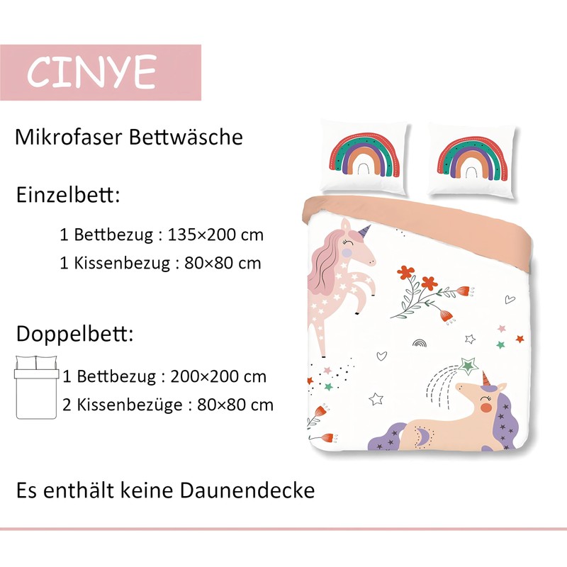 CINYE Children's Girls Kawaii Unicorn Bed Linen 135 x 200