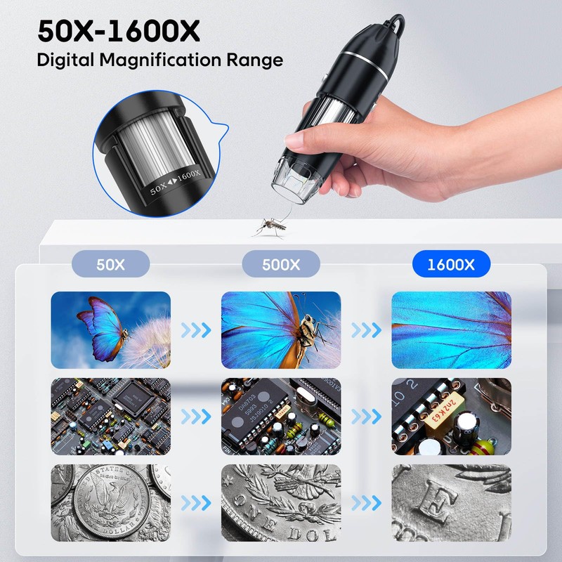 USB Digital Microscope, 50x-1600x Magnification Handheld, 1920P HD 8 LED