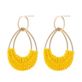Handmade Raffia Earrings for Women Girls Lightweight Statement Geometric Round Drop Earrings Handmade Straw Wicker Rattan Dangle Earrings Boho Summer Beach Earrings (Yellow Teardrop)
