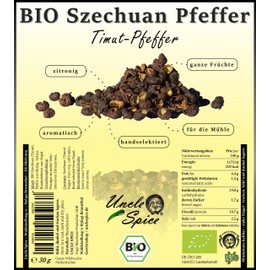 UNCLE SPICE® Organic Szechuan Pepper, Timut Pepper - 30 g Szechuan Pepper in Spice Jar - from Nepal, Whole Hand-Picked Pepper Berries, Real Wild Collection, Grapefruit Pepper DE-ÖKO-005