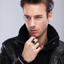 Oidea Men's Tiger Eye Rings: Vintage Oval Agate Stone Rings Stainless Steel Tree of Life Ring Wedding Statement Cocktail Party Signet Pinky Thumb Ring Jewelry Gifts Black Size 7