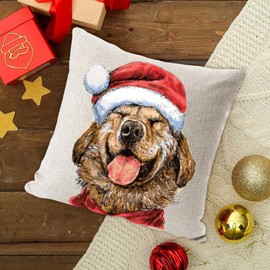 SPXUBZ Christmas Throw Pillow Cover Happy Golden Retriever Red Santa Hat Dog Style Linen Square Pillowcase Home Decor Cushion for Sofa Bed Chair Couch 18x18 Inch (Two Sides Print)