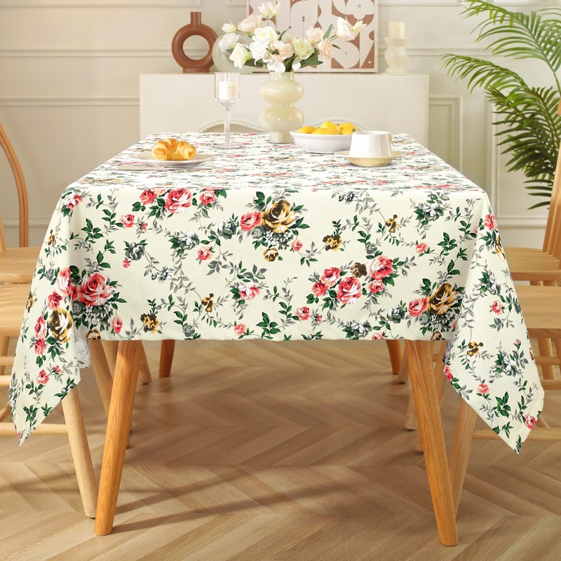 Arquiel Pink Flowers Printed Tablecloth, Rectangle Heavy Duty Cotton Table