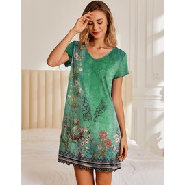 Ekouaer Nightgowns for Women Short Sleeve Sleepshirt V Neck Short Nightshirt Pullover Soft Ruffled Sleepwear Green Flower L