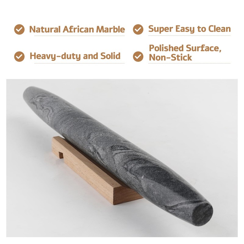 Koville African Natural Marble French Rolling Pin, 16inch Non-Stick Rolling