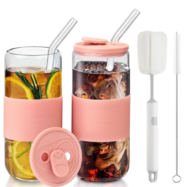 ASANMEYO 20oz Can Shaped Glass Cups with Silicone Lids and