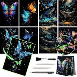 8 Sheet Noctilucent Scratch Art Rainbow Painting Paper with Pen / Cleaning Brush, Glow in The Dark Engraving Scratchboard(A4) for Adults Teen & Kids, Sketch Card Creative Craft Toy (Dolphin/Butterfly)