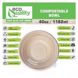 [250 Pack] 40 oz Round Disposable Compostable Paper Bowls with Dome Lids Heavy-Duty, Eco-Friendly Natural Bagasse Unbleached, Heat Resistant, 100% Biodegradable Salad Bowls Alternative to Plastic