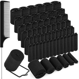 56 Pieces Foam Sponge Hair Rollers Soft Sleeping Hair Curler Assorted Sizes Flexible Hair Styling Sponge Curler with Stainless Steel Rat Tail Comb Pintail Comb for Hairdressing Styling (Black)