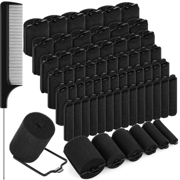 56 Pieces Foam Sponge Hair Rollers Soft Sleeping Hair Curler Assorted Sizes Flexible Hair Styling Sponge Curler with Stainless Steel Rat Tail Comb Pintail Comb for Hairdressing Styling (Black)