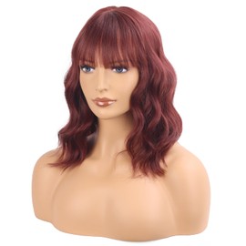 Short Wine Red Wavy Bob Wig with Bangs Burgundy Curly Wavy Wigs for Women Synthetic Shoulder Length Water Wave Wig Heat Resistant Wig for Daily Party Use