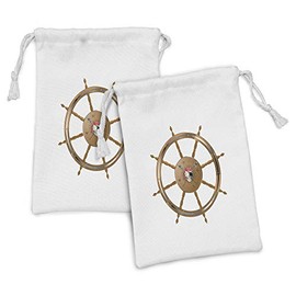 Ambesonne Ships Wheel Fabric Pouch Set of 2, Wooden Steering Wheel Image of Pirate Skull Seaman Lifestyle Ocean Inspired, Small Drawstring Bag for Toiletries Masks and Favors, 9" x 6", Brown Black