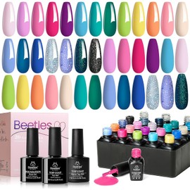 Beetles - Juego de esmalte de uñas en gel rosa, 20 colores, colección Alluring Sweetie, color nude, morado, purpurina, rojo, kit de manicura en gel