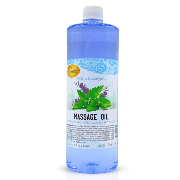 SPA REDI - Massage Oil, Mint Eucalyptus, 32 Oz - Professional Full Body Massage Therapy, Manicure, Pedicure - Relax Sore Muscles and Repair Dry Skin, Enhanced with High Absorption Oils and Vitamin E