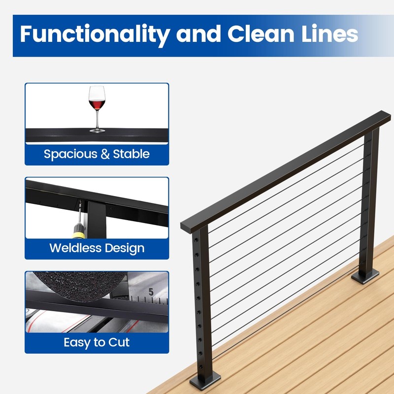 Muzata 4FT Black Cable Railing Handrail Rectangular Stainless Steel Handrail