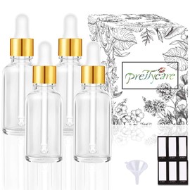 PrettyCare Eye Dropper Bottles 2 oz 4 Pack (Glass Bottles 60ml with Golden Caps, 12 Labels, Funnel & Measured Pipettes) Empty Tincture Bottles for Essential Oils (Clear)
