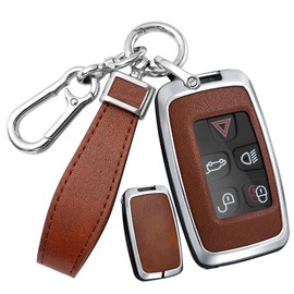 SANRILY PU Leather Key Fob Case Fit for Jaguar F-Pace F-Type XE XEL XF XFL XJ Fit for Range Rover Evoque Sport Velar Keyless Fit for Land Rover Key Fob Cover with Leather Keychain Silver-brown
