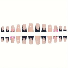 24 Pcs Press on Nails Short Square Nail Tips,YEFIUO Fake Nails Press ons Black French Glue on Nails Acrylic Nail Art Kit Full Cover False Nails with Rhinestones Flowers Charms Glitter Design Women