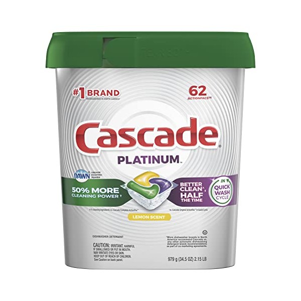 Cascade Platinum Dishwasher Pods, ActionPacs Dishwasher Detergent, Lemon, 62 Count