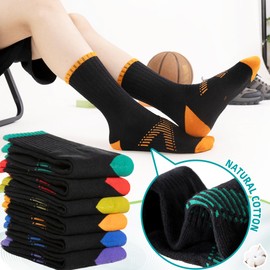 Boys Athletic Crew Socks Kids Half Cushioned Sport Running Arch Support Breathable Cotton Socks 6 Pairs (Black#01, 9-12 Years)