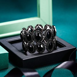 Ever Faith Black Rhinestone Bracelet for Women, Stunning Crystal Art Deco Wedding Brides Elastic Stretch Bracelet Black-Tone