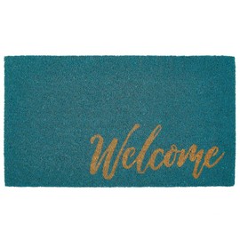 mDesign Rectangular Coir and Rubber Entryway Welcome Doormat with Natural Fibers for Indoor or Outdoor Use - Decorative Script Welcome Design - Turquoise/Natural