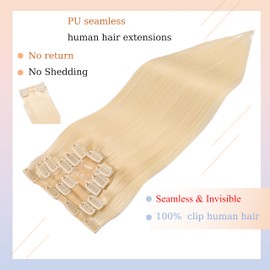 DIYOMO Seamless Hair Extensions Real Human PU Clip in Hair Extensions 120g 7pcs 18Inch #60 shallow Platinum Blonde, Invisible & Natural Look