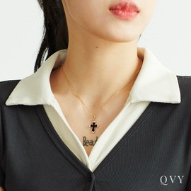Cross Pendant Necklace for Women Mother of Pearl White Cross Onyx Stone Black Cross 14K Real Gold Plated Stainless Steel Christian Jewelry Gifts for Her [CXN-BK-G-GW]