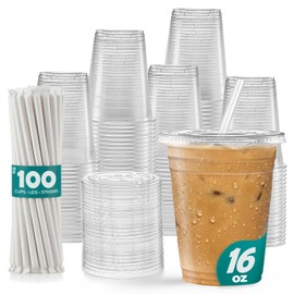 GUSTO - 16 oz - 100 Sets - Clear Plastic Cups with Lids and Straws – Disposable Iced Coffee Cups for Cold Drinks, Smoothies, Boba, and To-Go Beverages – Sturdy, Easy-to-Separate