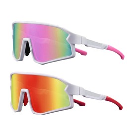 swanoble UV400 2 Pack Kids Polarized Baseball Sunglasses for Boys Girls With Case,Lightweight Sports Sun Glasses for Youth Softball,Age 4-10 (White Frame/Pink Lens + White Frame/Red Lens)