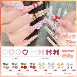 3D Nail Gems Charms Y2K, Silver Gold Cherry Bow Nail Jewelry Charms, Heart Bowknot Nail Art Charms, Red White Pink Nail Bow Charms for Nail Art Design with Tweezers