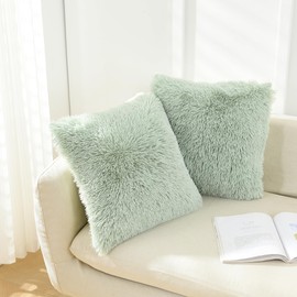 NordECO HOME Pack of 2 Fluffy Cushion Covers Faux Fur Cushions Decorative Fuzzy Square Pillow Case for Sofa Decor 40x40 cm Sage Green