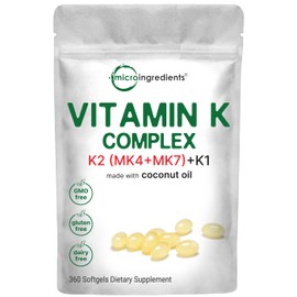 Micro Ingredients Micro Ingredients Super Vitamin K Complex (K2 MK7 + MK4 & K1), 360 Coconut Oil Softgles | Easily Absorbed K Vitamins, Active Menaquinone Complex | Immune, Joint, & Heart Support | Non-GMO