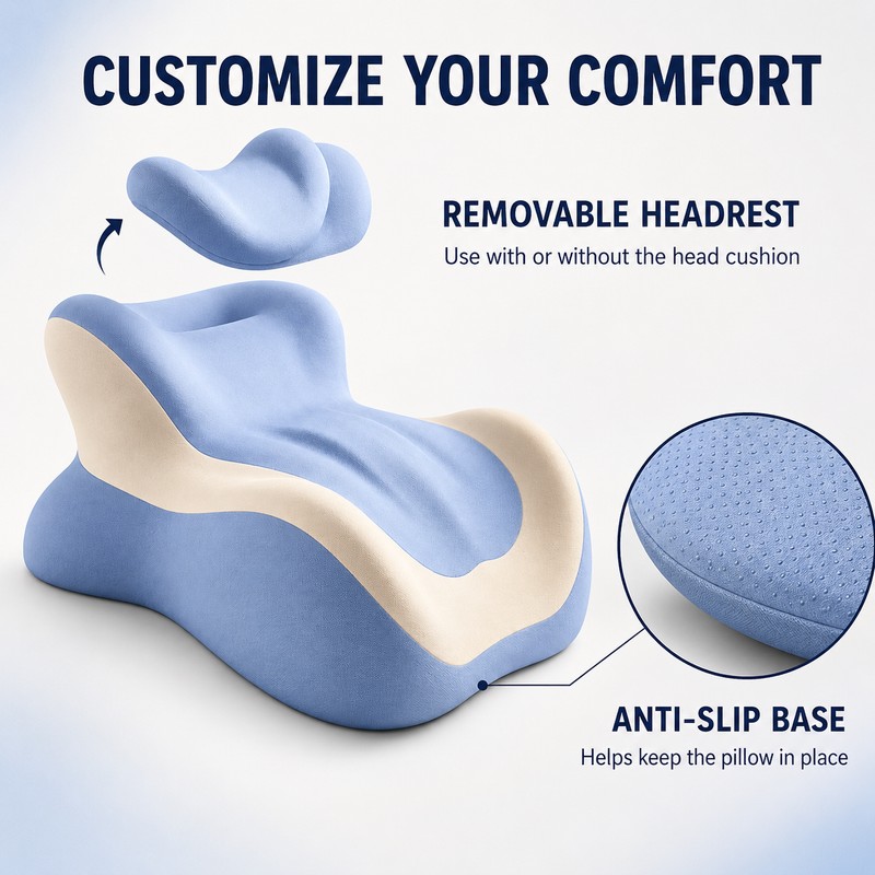 Ergonomic Prone Reading Pillow with Removable Headrest, Memory Foam Stomach-Lying