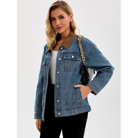 CIMUK Women's Jean Jacket Button Down Corduroy Collar Long Sleeve Western Shacket Denim Jackets X-Large Gray Blue