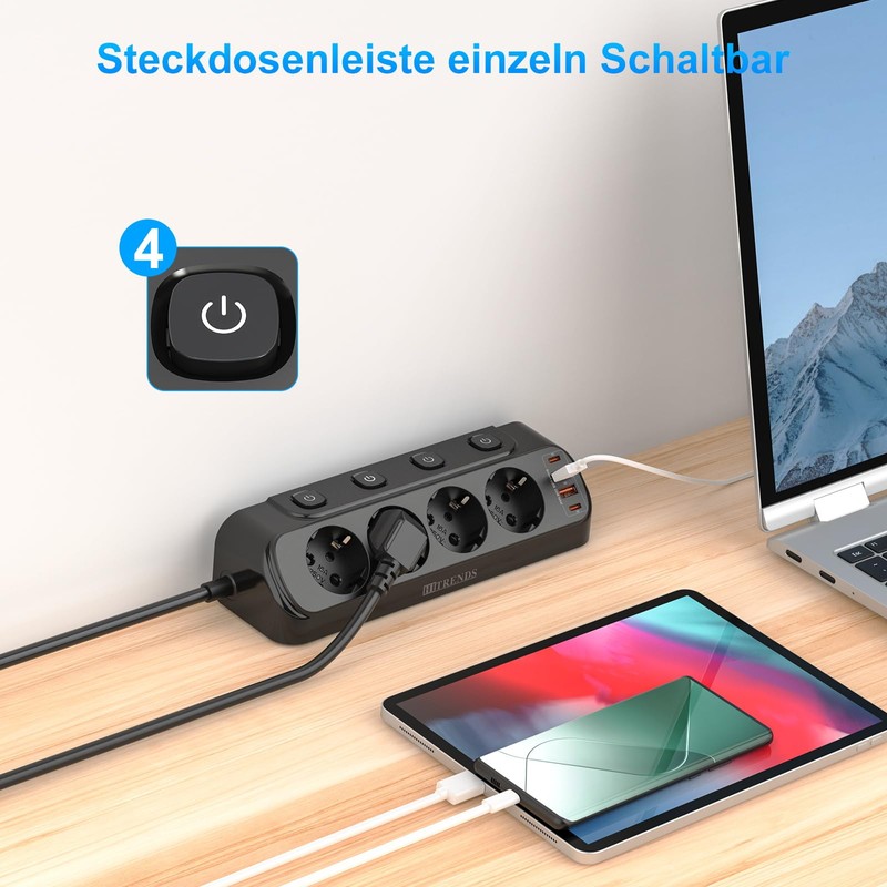 Power Strip with 4 Individual Switches, 4-Way Corner Socket Wall