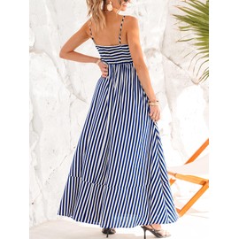 CUPSHE Womens Summer Maxi Dress Casual Sleeveless Square Neck Striped Beach Long Dress with Pockets Blue Striped, L