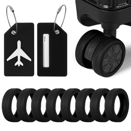 2 Pcs Silicone Luggage Tag for Suitcases with Stainless Loop, 8 Pcs Luggage Wheel Covers, Wear-Resistant, Anti-Noise, Silicone Luggage Wheel Protective Covers for 2-2.4" Spinner Wheel. (Black)