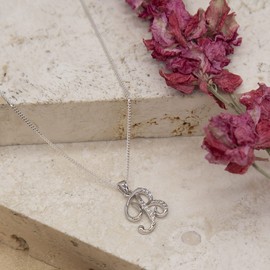 Tuscany Silver Sterling Silver Rhodium Plated CZ Initial Sterling Silver Pendant on Sterling Silver Rhodium Plated Curb Chain 18", Rhodium Plated