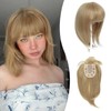 Ms Taj 12 Inch Hair Topper with Bangs, 360° Cover Synthetic Clip in Bangs, 4"x5" Bangs Natural Straight Fiber Hair Toppers for Women, Breathable & Comfortable for Daily Wear(Champagne Blonde)