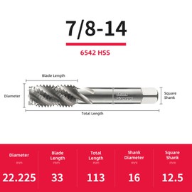 7/8-14 Spiral Flute Thread Tap, HSS-Cobalt Uncoated Machine Threading Tap for Machinist Repair， DRINYOUNG (Spiral Flute Taps, 7/8-14)