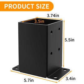 4x4 Post Base 4PCS, Inner Size 3.5x3.5 Inch Fence Post Anchor, Rust-Proof 13 Gauge Heavy Duty Solid Steel Black Powder-Coated Railing Post Brackets, for Support Deck, Pergola, Includes Screws