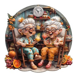 Jigfoxy Wooden Puzzle for Adults, Happy Grandmas Jigsaw Puzzles for Adult, Unique Animal Shape Wood Cut Puzzles, Christmas Thanksgiving Gifts for Friends Family (S-8.5 * 8.5in-100pcs)