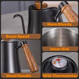 Pour Over Coffee Kettle for Coffee Tea, Gooseneck Stovetop Kettle 550ml with Thermometer and Coffee Spoon, Stainless Steel Coffee Pot with Long Narrow Spout Hand Drip Kettle